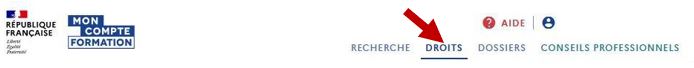 Une fois connecté sur https://www.moncompteformation.gouv.fr , cliquez sur « droits » :