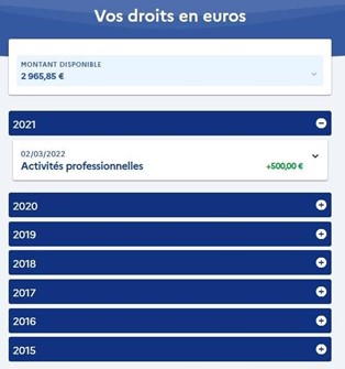 Votre montant en € disponible pour des formations est calculé annuellement sur vos heures travaillées et déclarées par vos employeurs depuis 2015 (création du CPF).